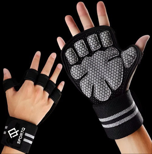 Black workout gloves with textured palm and wrist straps on a white background